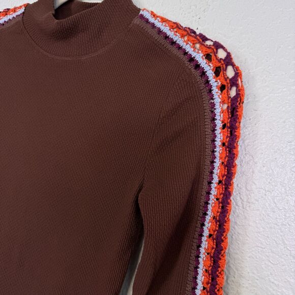 Free People Switch It Up Thermal Top Women XS Cocoa Brown Crochet Knit Layering - Picture 5 of 10